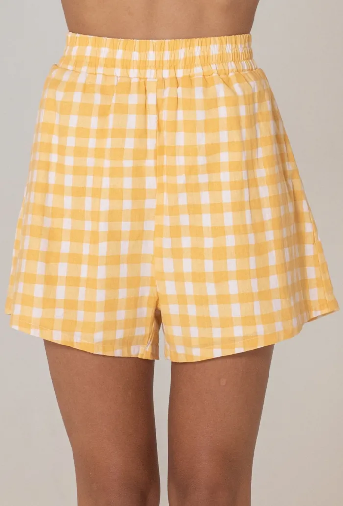 DELTA SHORTS - MUSTARD/ BLUSH CHECK^Girl and the Sun Cheap